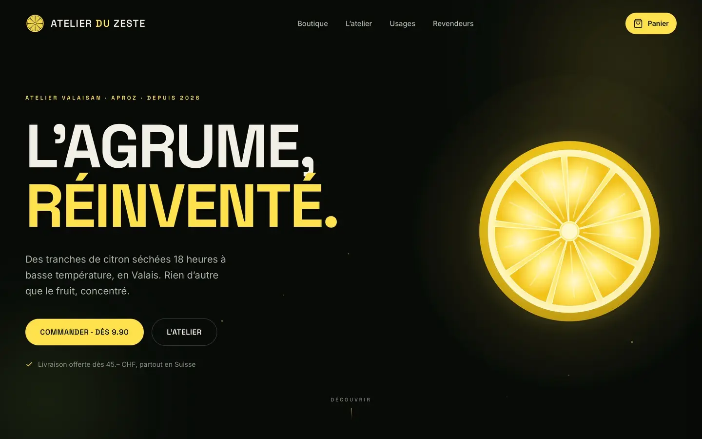 Page d'accueil du site Atelier du Zeste, Agrumes déshydratés à Aproz