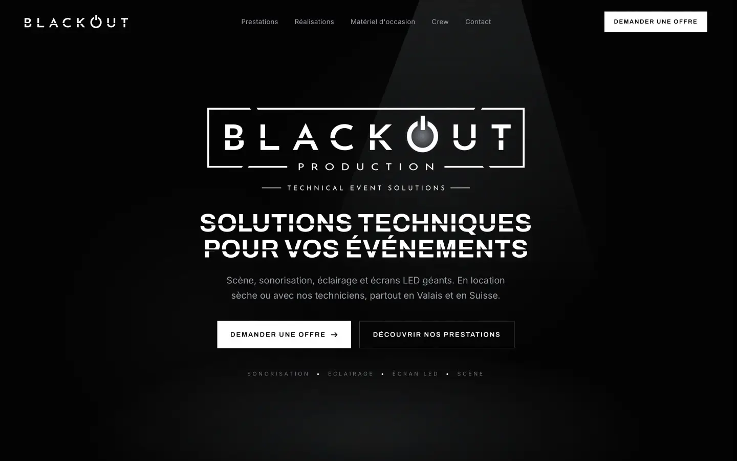 Page d'accueil du site Blackout Production, Technique événementielle en Valais