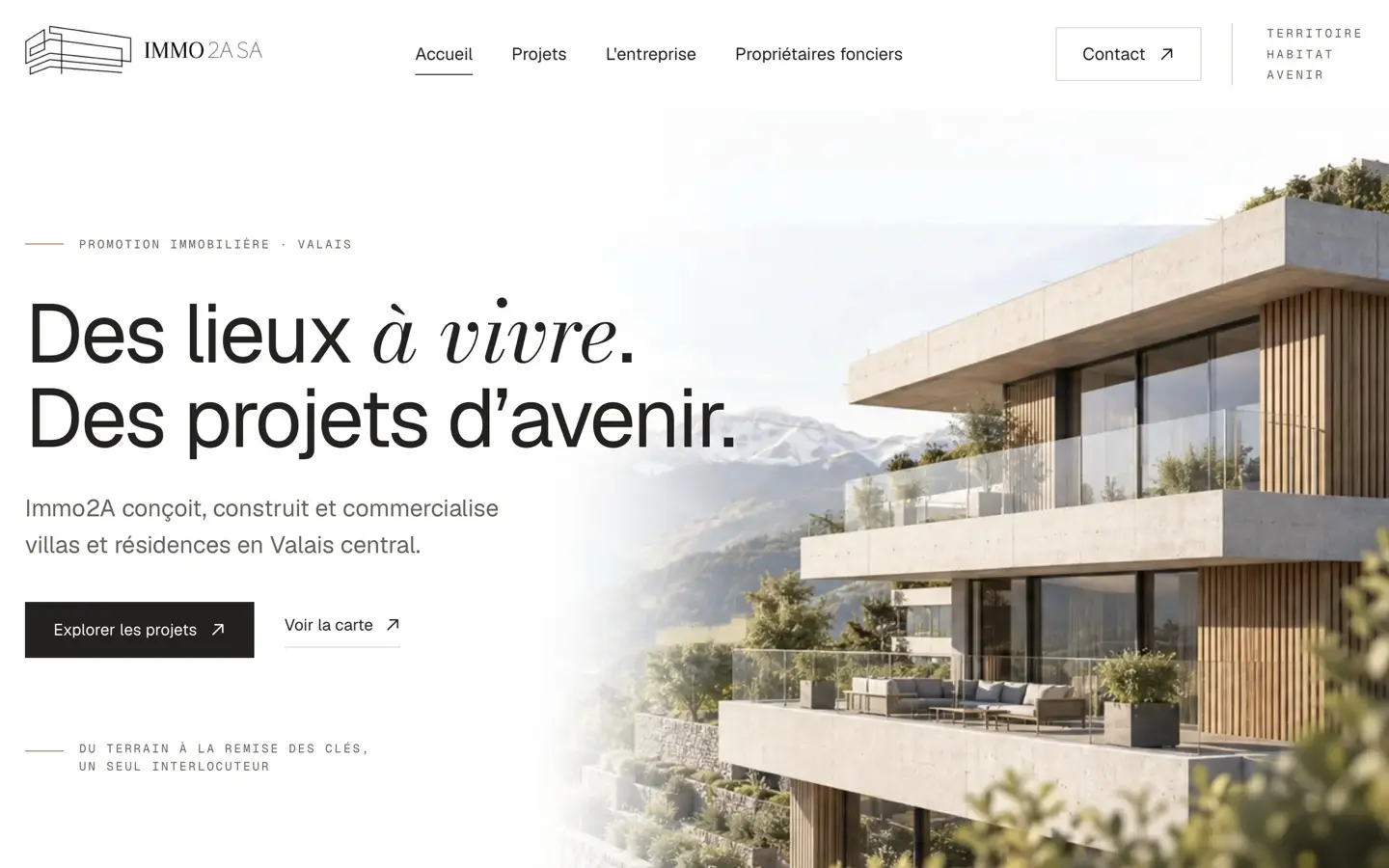 Page d'accueil du site Immo2A, Promoteur immobilier à Conthey