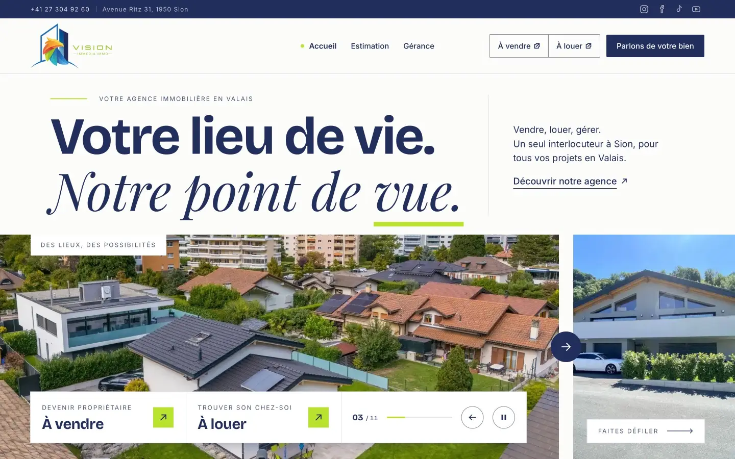 Page d'accueil du site Vision Immedia Immo, Agence immobilière à Sion